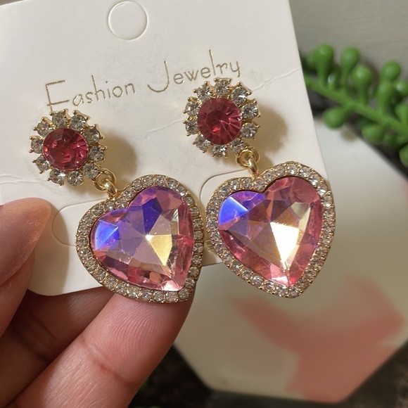 Iridescent Pink Heart Drop Earrings - Picture 6 of 11